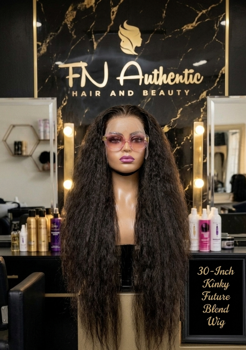 Silky 30-Inch 13x4 HD Lace Human Blend Wig – Kinky Texture, Natural Parting, and Breathable Comfort.